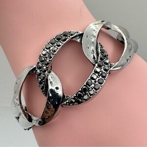 Silver Tone Clamper Bracelet Black Crystal Pave Link Statement New